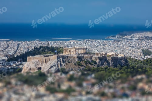 Preview: Panoramic aerial view of Acropolis in Athens Greece, tilt shift, view from Lycabettus hill