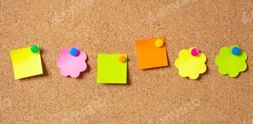 Preview: Sticky notes with pushpins, colorful in various shapes and blank space, isolated on cork background.