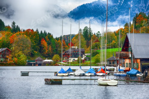 Preview: Misty morning on the lake Grundlsee Alps Austria Europe