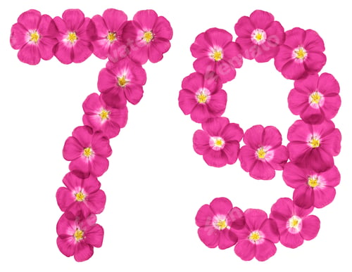 Preview: Arabic numeral 79, seventy nine, from pink flowers of flax, isolated on white background