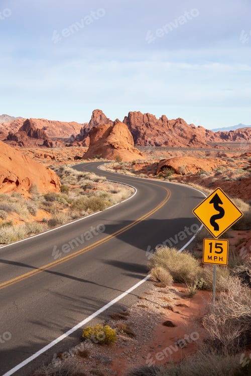 Preview: Scenic road in the desert during a cloudy sunrise