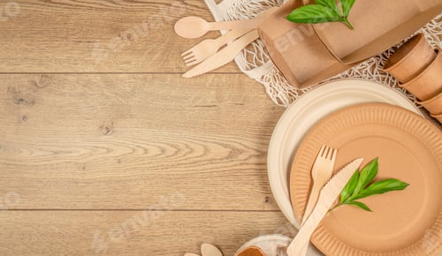 Preview: Eco friendly disposable tableware with wooden cutlery and paper plates