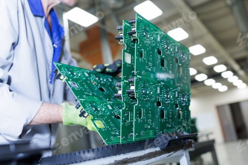 Preview: Worker handling assembled green circuit board panels at electronics factory