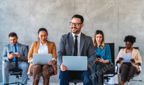 Preview: Happy businesspeople laughing while collaborating on a new project in an office.