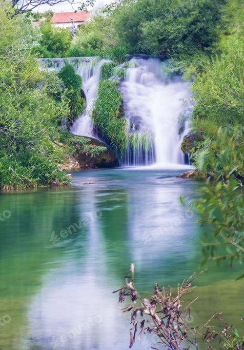 Preview: Vertical shot of Roski Slap waterfall in Zrmanja River, Croatia