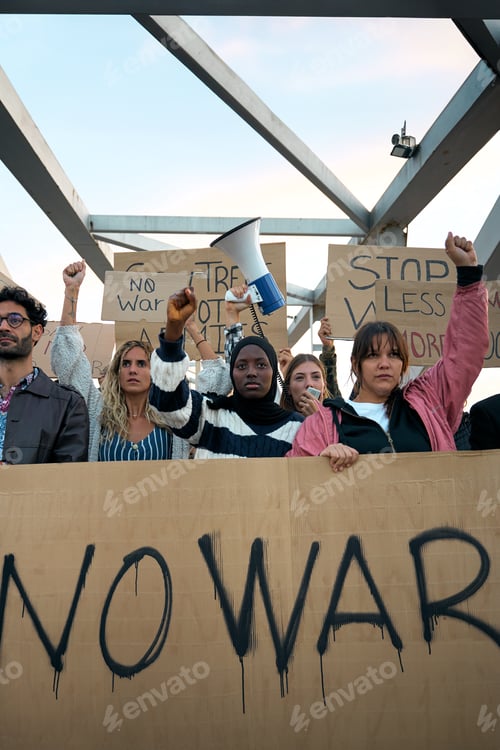Preview: Vertical Crowds of diverse people protesting in silence against war in world with serious expression