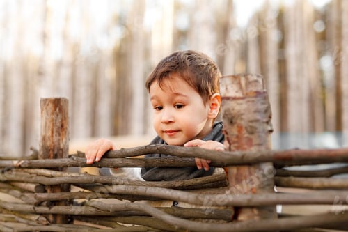 Preview: Child Looking Over Wooden Fence on Farm