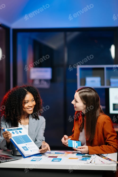 Preview: Businesswoman and woman people meeting in office. Employee brainstorm and work as team, plan