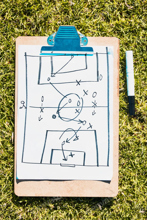 Preview: Sports, soccer field and clipboard planning a strategy for a group mission, target or tactics for g