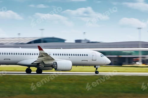 Preview: Traffic on airport runway. Airplane on the move during take off.