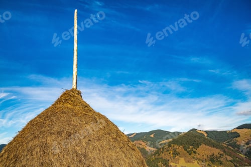 Preview: A large haystack against the backdrop of the wonderful nature of the Carpathians and the