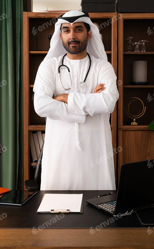 Preview: Middle-eastern emirati doctor wearing kandura working in the office