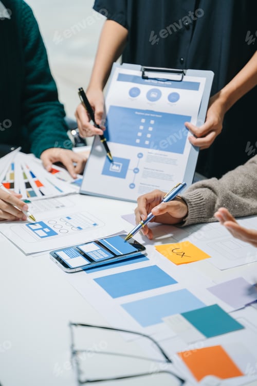 Preview: UX graphic designer planning application process development prototype wireframe for web smart phone