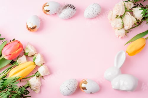 Preview: Easter background with decorated eggs, ceramic bunny and spring flowers, copy space