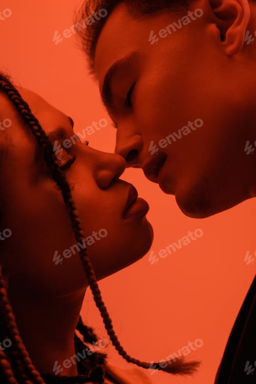 Preview: close up view of young and sexy interracial couple in love, young man and african american woman
