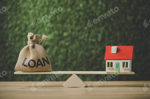 Preview: money bag with dollar symbol and house model balancing on swing on green background