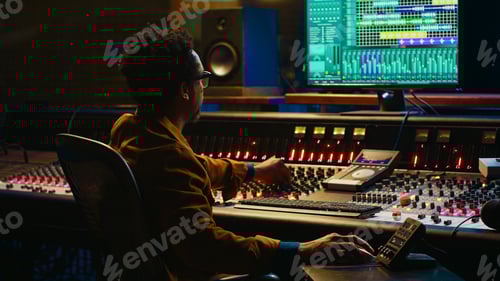 Preview: Man Engaged in Music Mixing at Soundboard