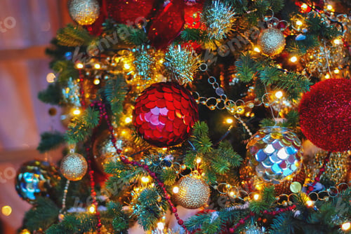 Preview: Christmas tree decoration baubles. Abstract festive glitter texture and background