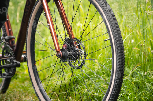 Preview: Close up, bicycle wheel in the grass.