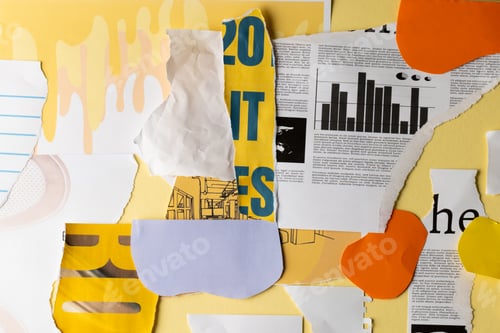 Preview: Ripped up pieces of notebooks, newspaper and coloured paper with copyspace on yellow background