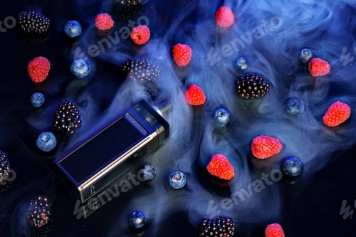 Preview: Vape smoking tool on black smoky background with berries