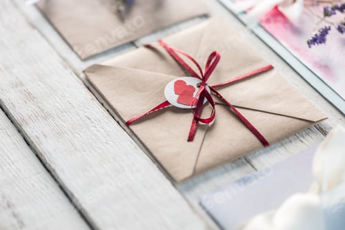 Preview: collection of envelopes or invitations on white wooden tabletop, wedding invitation card design