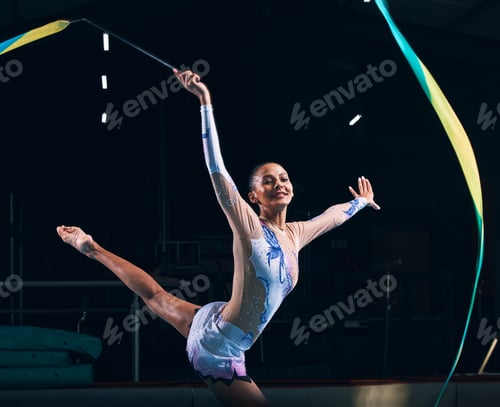Preview: Ribbon gymnastics, woman and happy portrait of dancer in performance, sports competition and dark a