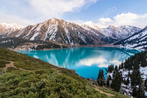 Preview: Scenic view of the Big Almaty Lake with Tianshan Mountains in Kazakhstan near the city of Almaty