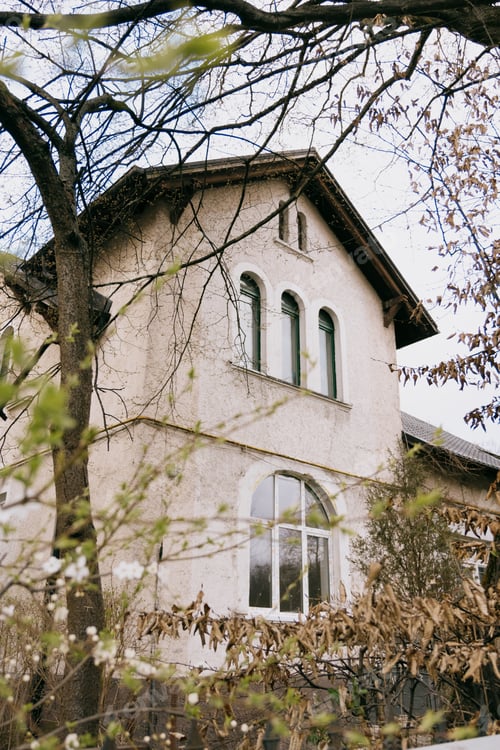 Preview: historic house with white and green roofs. house is surrounded by trees and it has lot of leaves.
