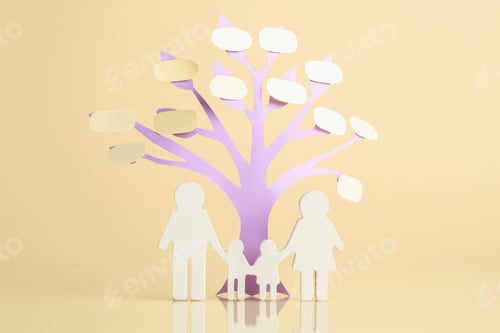 Preview: Family tree with bubbles and people figure on beige background