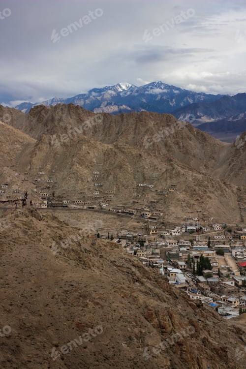 Preview: Houses build in the rugged mountains of Himalaya. Leh City
