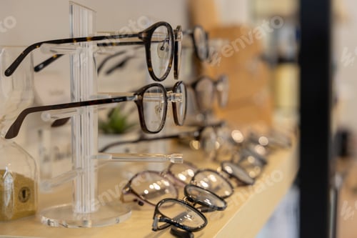 Preview: Close up glasses in optics store. Showcase spectacles in Optical shop.