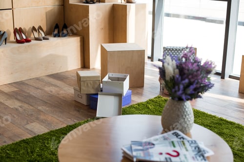 Preview: stylish shoes, boxes and paper bags in boutique
