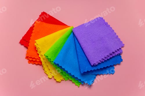 Bright Rainbow of Cleaning Cloths on Pink Surface