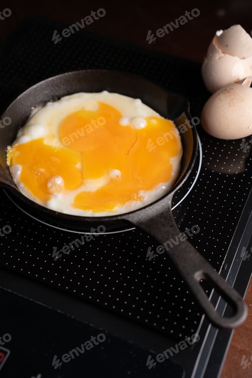Preview: Closeup two eggs frying in skillet on black cooktop cracked shells warm golden yolks high contrast