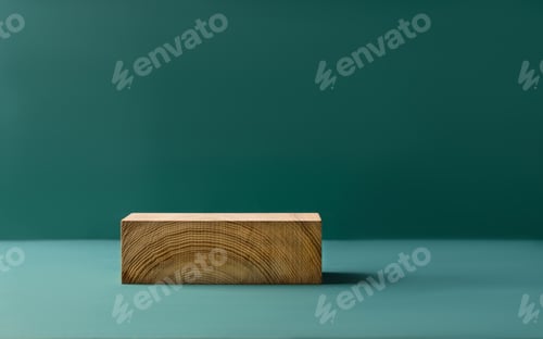 Preview: Abstract empty podium wooden geometric shapes, green background. Template for demonstrating products
