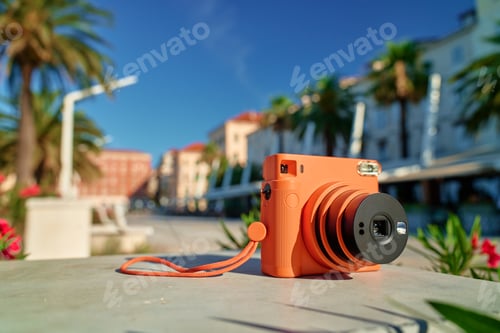 Preview: Instant camera against touristic city street in summer day