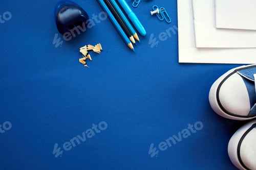 Preview: Blue Flat lay Back to school concept, School and office supplies on with copy space