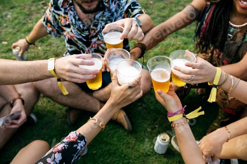 Preview: Group of Friends Drinking Beers Enjoying Music Festival Together