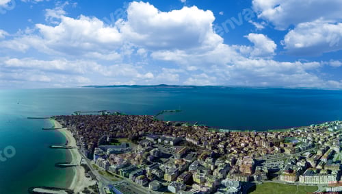 Preview: Panoramic view from a height above the town of Pomorie with houses and streets