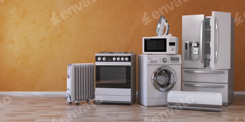 Preview: Set of household kitchen technics on yellow background. Set of a