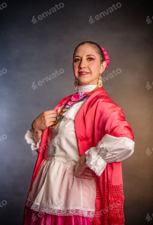 Preview: A woman in a red and white outfit is posing for a photo