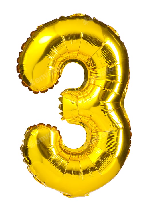Preview: Helium golden balloon number three, 3. Isolated on white