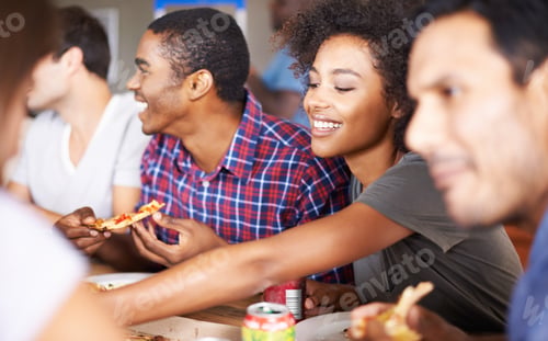 Preview: Tucking into some great food. Cropped shot of a group of friends enjoying pizza together.