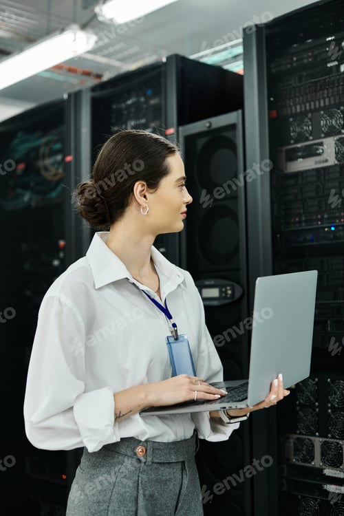 Preview: A talented IT specialist focuses intently on her laptop while overseeing network systems.