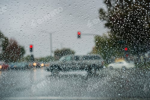 Preview: Raindrops on the windshield while driving on a rainy day during fall season, California