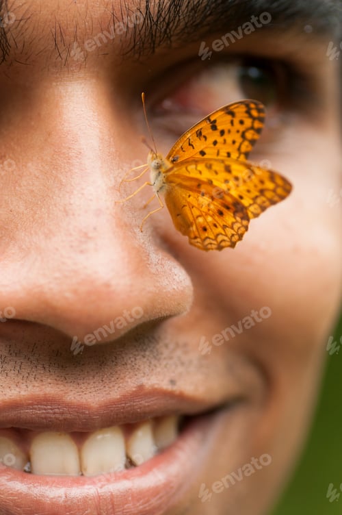 Preview: Butterfly sitting on a young man’s face, Symbiosis of man and nature.