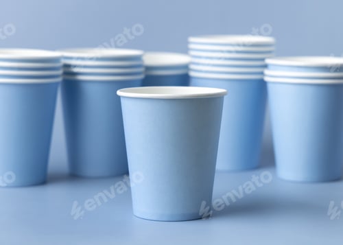 Preview: Disposable light blue paper cups closeup, mockup, copy space. No plastic biodegradable single-use