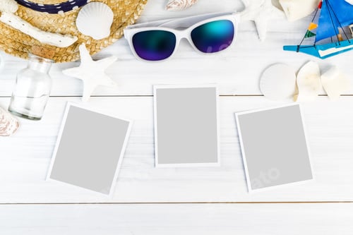Preview: Summer Beach accessories (White sunglasses,starfish,straw hat,shell) and photo paper