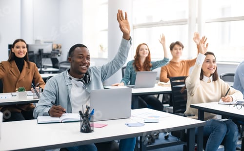 Preview: Portrait of smiling diverse people raising hands at seminar
